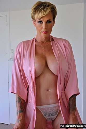 wearing a pink bathrobe, large hips, from head to mid tighs portrait