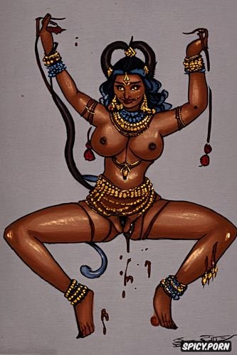 mughal art style, cat ears, small blue breasts, indian cat woman