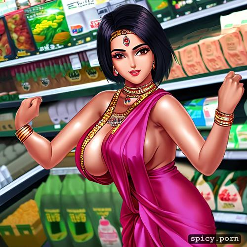 intricate, in supermarket, wearing pink sari, full body, happy face