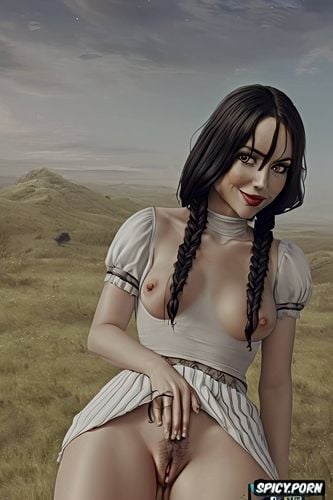 minimalistic, looking into camera, upskirt, detailed hair, braids no panties gentle smile no panties good pussy view trimmed pussy innie pussy puffy pussy gentle smile wednesday addams