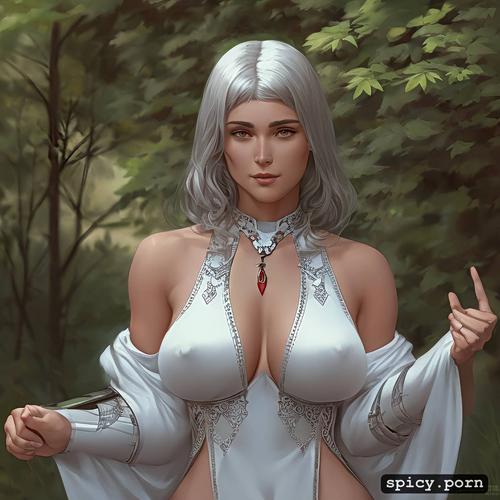 symmetrical shoulders, silver hair, realist art, latin woman with detailed face