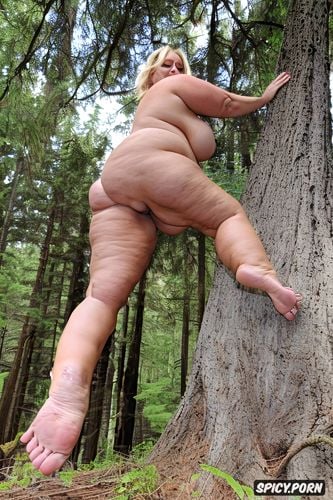 photo, voluptuous model, by a redwood tree, gigantic hanging tits