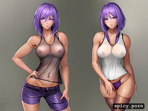 see through clothes, purple eyes, short shorts, detailed, see through tanktop with underboob