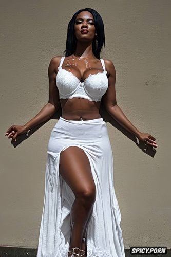 dark skin ebony woman, cumshot on shoulders, cum between tits