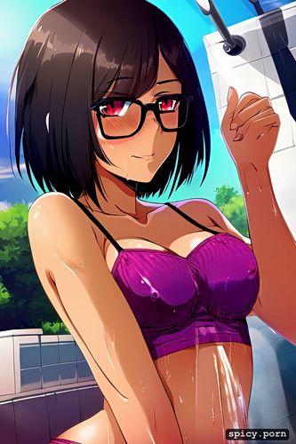 shower, black hair, glasses, perfect face, black woman, centered