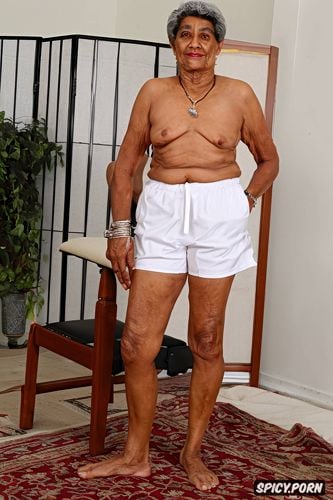 low body fat, an old senior fitness, desi granny, wearing tight long white shorts that cover thighs