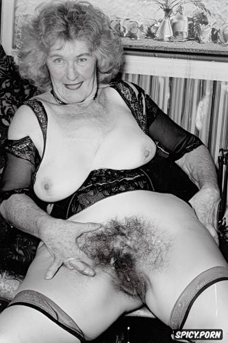 hairy pussy, chubby granny, sperm on the chest and pubis, stockings bra