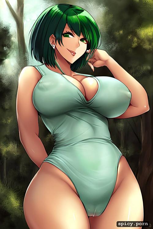 medium shot, green hair, seductive, forest, tanktop futa, hourglass figure body
