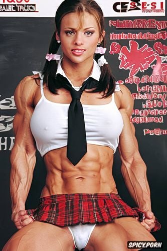 tanned skin, avoiding eye contact, lipgloss, underskirt, czech teen ultra muscular female bodybuilder