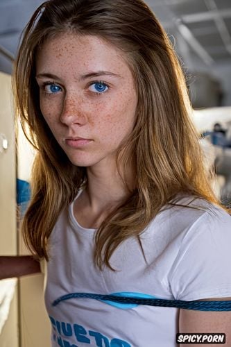 t shirt lifted, innocent teen model face, innocent face, freckled pretty blue eyed brunette teen groped by janitor in supply closet