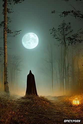 moonlight, complete, foggy, realistic, haunted clearing at night
