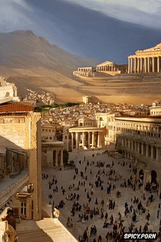 big hips, big natural breasts, pale skin, historical greek buildings in the background