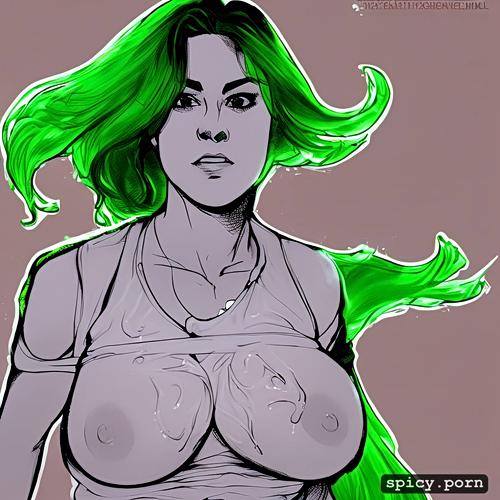 8k, wearing wet and torn white t shirt, visible nipples, green tatiana maslany in courtroom as she hulk saggy breasts