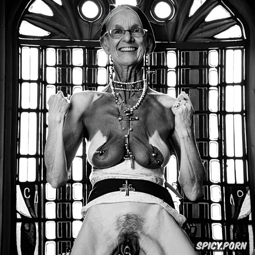 spreading legs, cross necklace, pierced pussy, cathedral, very old ugly granny