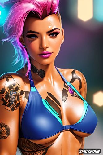 sombra overwatch topless tits out tattoos beautiful face portrait muscles