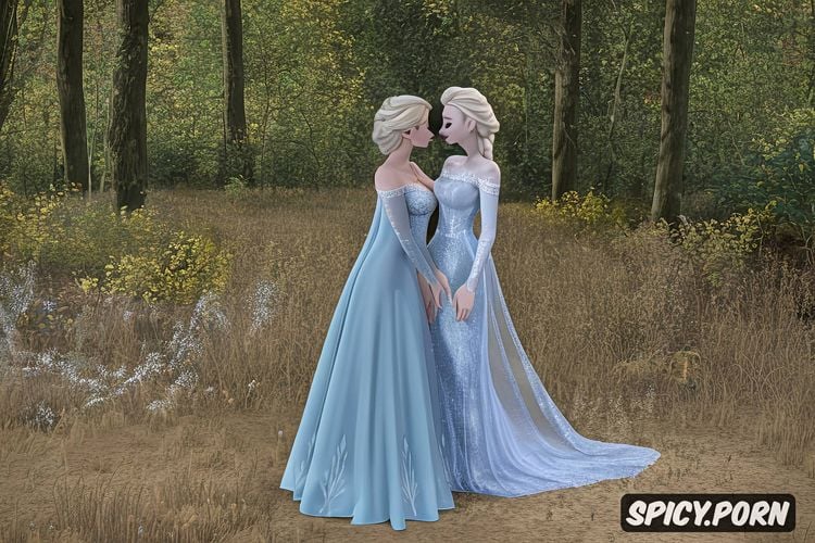 kissing, elsa and anna, exposed nudity, trimmed pubic hair, large natural breast