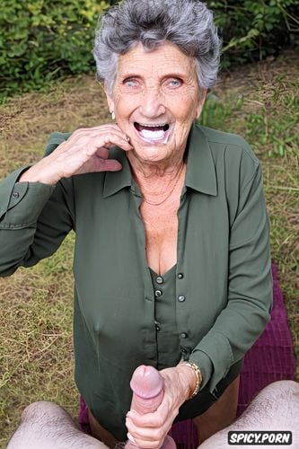 splash of cum in the mouth, look into camera, extremely old senior grandmother