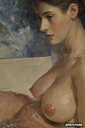 textured impasto oil paint, intimate tender lips, taking a bath