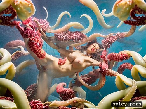 tentacles surround her body, penetrated by slimy tentacles, realistic