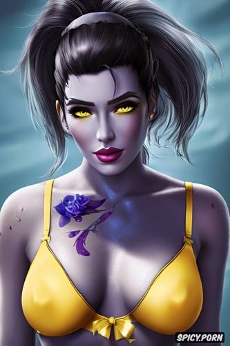 ultra realistic, k shot on canon dslr, ultra detailed, widowmaker overwatch beautiful face soft yellow lingerie tattoos milf