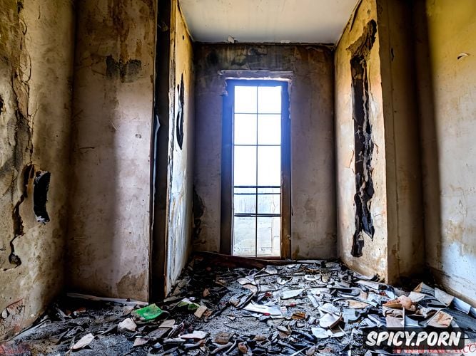 sooty surfaces, garbage, cement, graffiti х the photo shows a room that is in an extremely neglected and ruined state traces of fire are visible charred walls