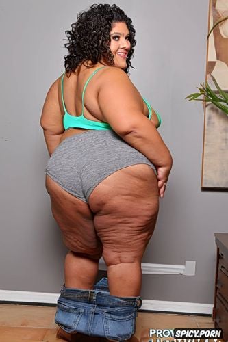 back view, front view, ssbbw arab obese old milf, loose skin layers fupa