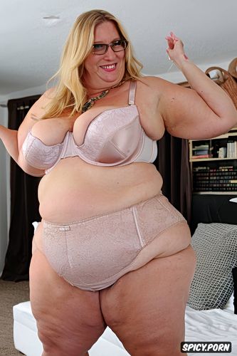 massive saggy boobs, indoors, glasses, silk bra, gilf, blonde hair