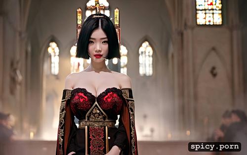 korean lady, beautiful face, in church, hourglass figure body