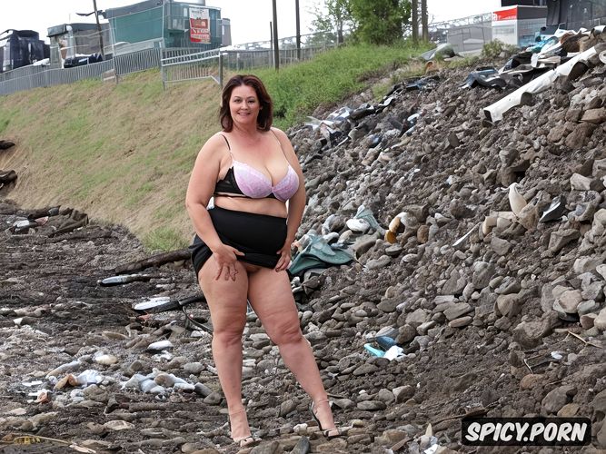 huge stretched to the navel with, a forty year old woman stands on the street next to the city dump she has thick legs and a very short skirt she has a very beautiful face