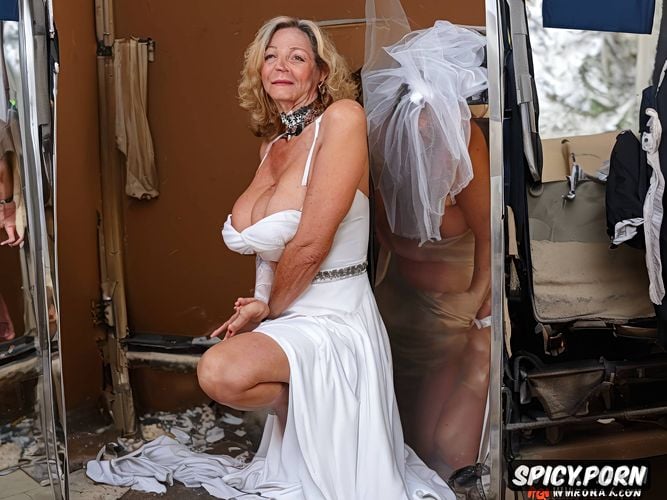 wedding white skirt hiked up, milf squatting widely spreading legs