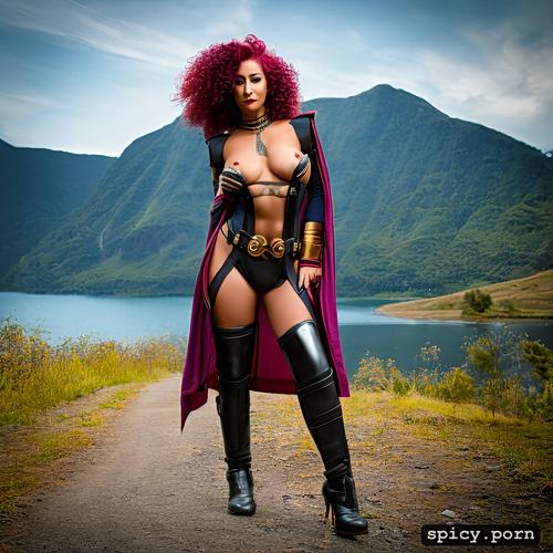 ebony, purple hair, armor, curly hair, beautiful face, full body