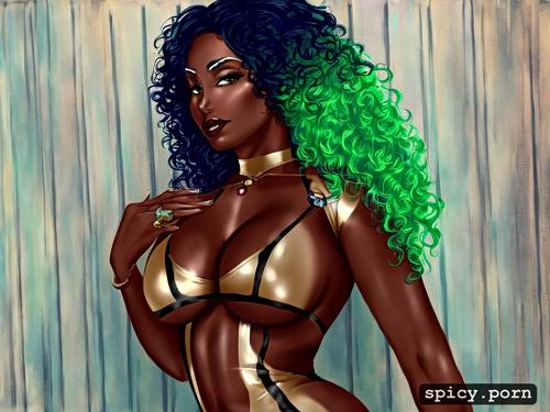 chubby body, ebony woman, tanned skin, green hair, curly hair