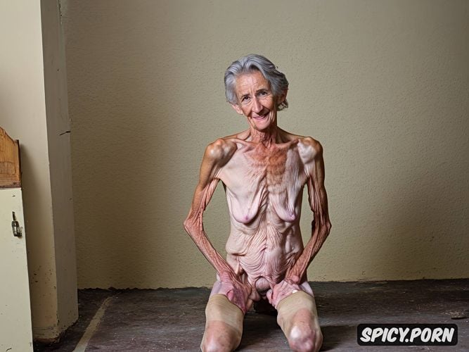 very old granny, naked, indoors, holding small saggy breast