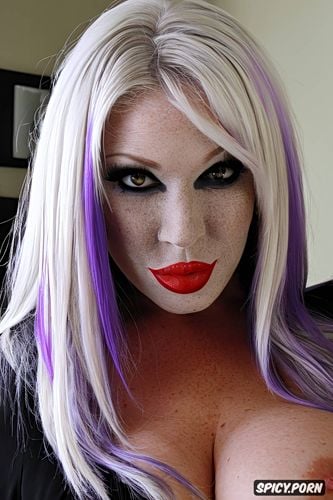 purple hair, white lady, red painted lips, long hair, thick eyebrows