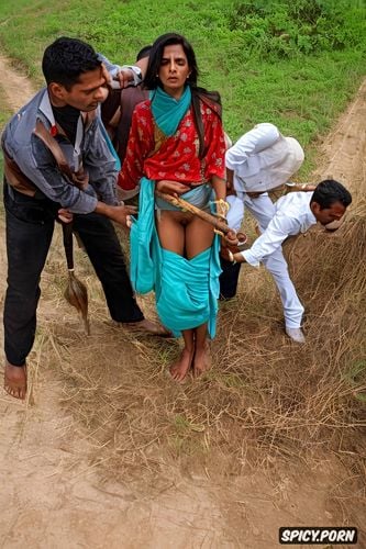 intricately detailed pussy, a subjugated cornered and forcefully seized gujarati villager beauty is undressed opening her vagina by a group of panchayat men in a village picking on her