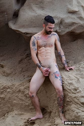 dark haired tattooed 30 year old man sergio ramos face handsome with a beard beautiful muscular pubic muscle very large erect penis on the beach big erect penis xxl