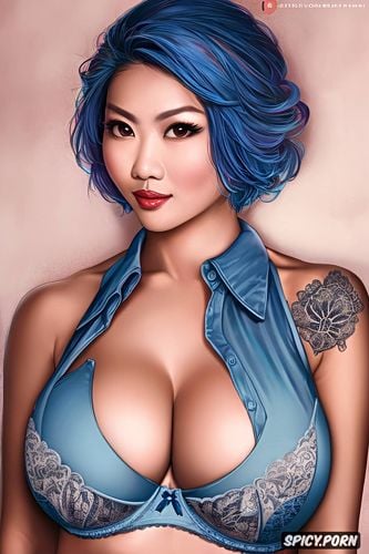 chubby body, asian milf, blue hair, tattoos, bra, intricate