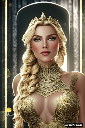 tiara, wearing a low cut gold lace dress, soft green eyes, confident smirk