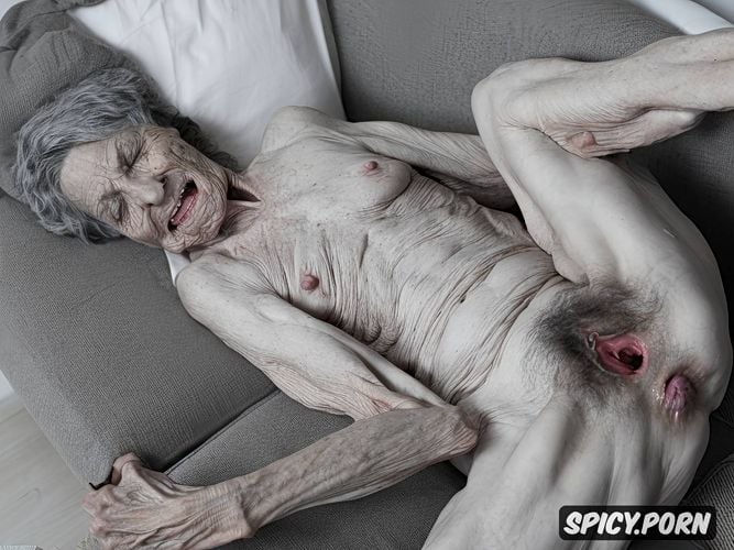 grey hair, spreading hairy pussy, spreading legs, couch, scrawny