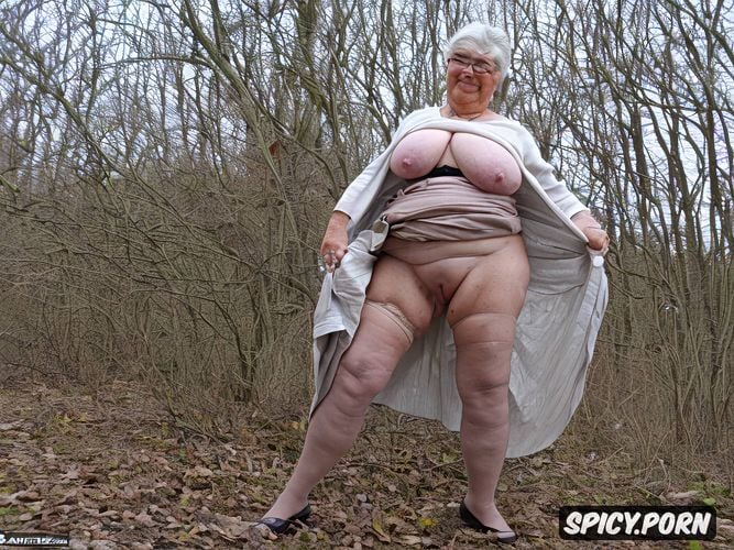 upskirt very realistyc nude pussy, wrinkles old face, the very old fat grandmother queen skirt has nude pussy under her skirt