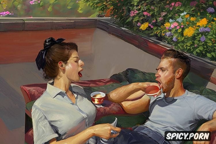 impressionism painting style, tongue out, couch, drinking coffee