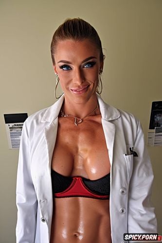 oiled body, deep cleavage, makeup, sweaty bosom, taking complete body selfie showing face boobs and abs in doctor office