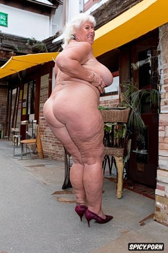 80 year old fat woman, giant breasts, big belly, squatting shitting on the terrace of a bar seen from behind with her anus stained with shit and the shit falling down her legs
