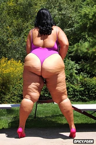 natural light, obese, fat loose arms, her butt is eating the strings panties