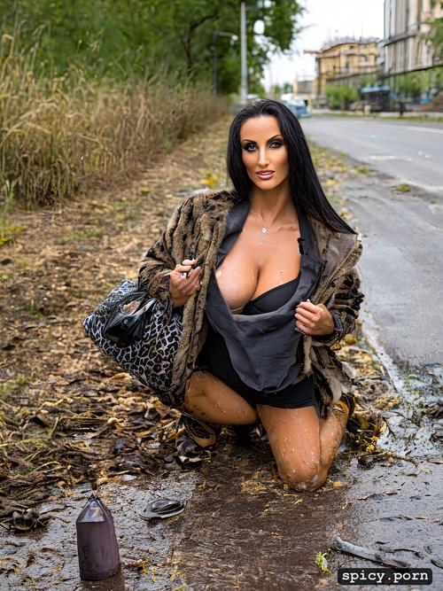 85mm, puddles, raw real photo a homeless ava addams in very dirty clothes sitting on the ground with a bag of garbage in front of him and a trash can behind him