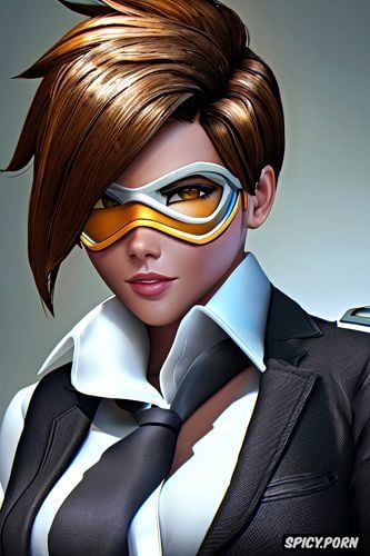 ultra realistic, k shot on canon dslr, ultra detailed, tracer overwatch beautiful face young reporter black blazer white shirt shirt unbuttoned