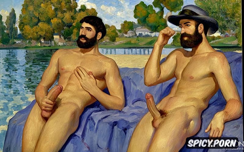 paul cézanne, kissing, bearded handsome nude four soldiers gay anal sex men near the lake