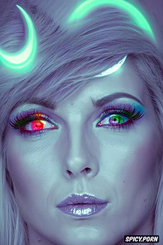 perfect sci fi face, young woman, right eye green, portrait shot