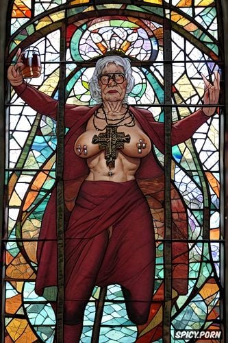 pierced nipples, inside church, stainedglasswindows, very wrinkled hanging belly