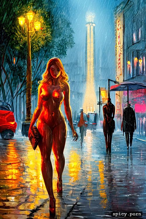 masterpiece, female sex worker, 8k, realistic, rain, wet busy street in background